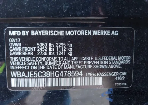 2017 BMW 540I from USA, damaged, VIN WBAJE5C38HG478594